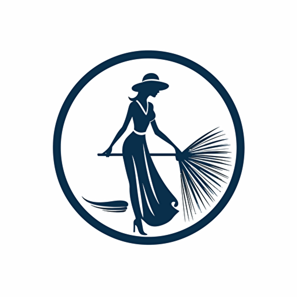 circular logo, cleaning company, vector, simple, minimalist, modern, white background, lady with a broom