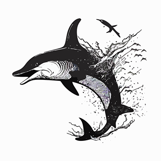 combine a pterodactyl and a dolphin. vector. black and white. detailed. style of paul rand.