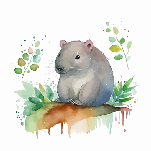 A wombat. The spring rain falls continuously, adding a sense of coldness and sorrow. Chinese watercolor painting. vector illustration.