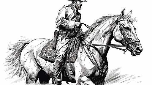 confederate general riding a galloping war horse with war paint on his face pointing a musket, profile view, black and white vector style