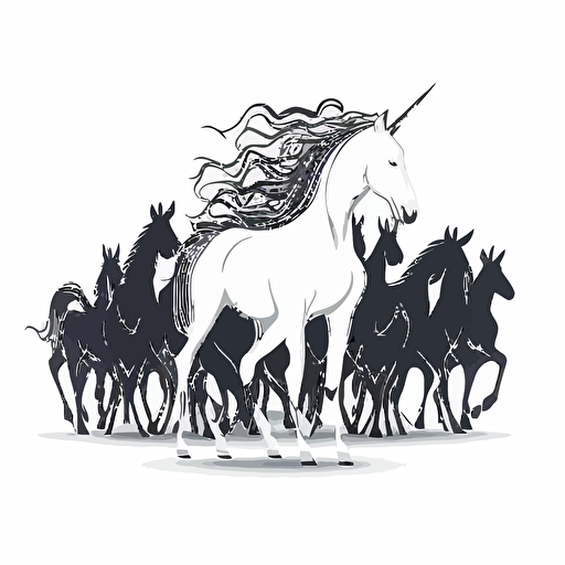 unicorn in a group of horses, vector logo, vector art, emblem, simple cartoon, 2d, no text, white background