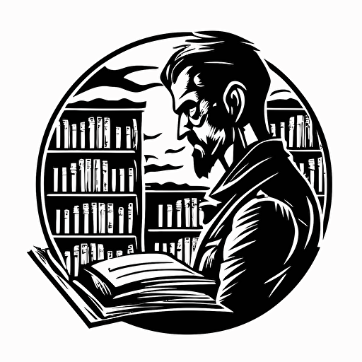 vector, logo, for a bookstore, a mysterious man reading a book, black and white