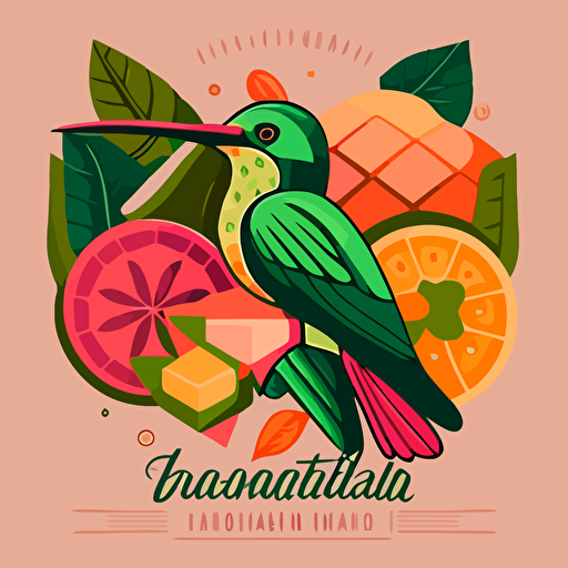 Pop Art Deco geometric Hummingbird and tropical fruits, Logo for Health Coach, Vector, Logo, green, pink, orange