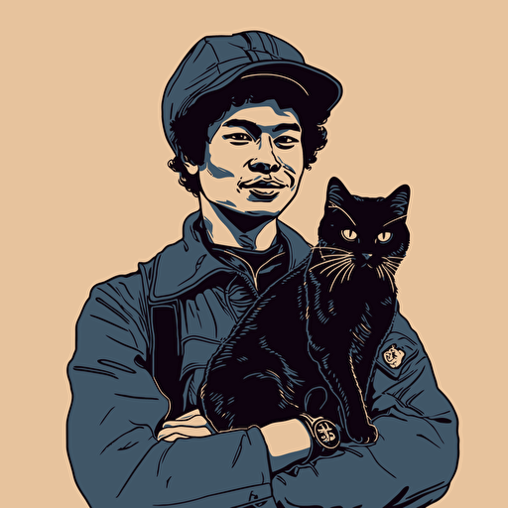 vector art style, 28 year old asian black designer, holding a cat, in the style of Michael Parks