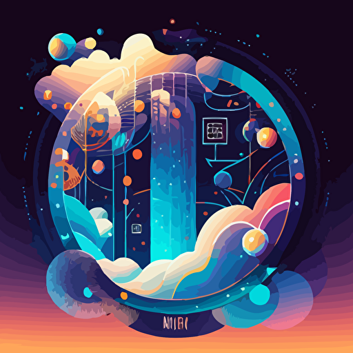 "In the bustling center of a digital exchange, a resplendent digital hologram stands tall, adorned with unique patterns and colors, surrounded by a fluid aura protecting ownership and security, with digits and symbols interwoven into a rotating nebula, symbolizing the vibrancy of NFTs in the world of blockchain transactions. Flat illustration, UI illustration, GUI, Minimalism, dark background, vector, trending on Dribbble, Pinterest."