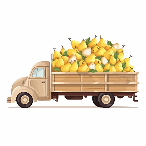 old country truck with wooden trailer full of only yellow-white pears fruit, pears falling out, colorfull, vivid colors, white background, vector style