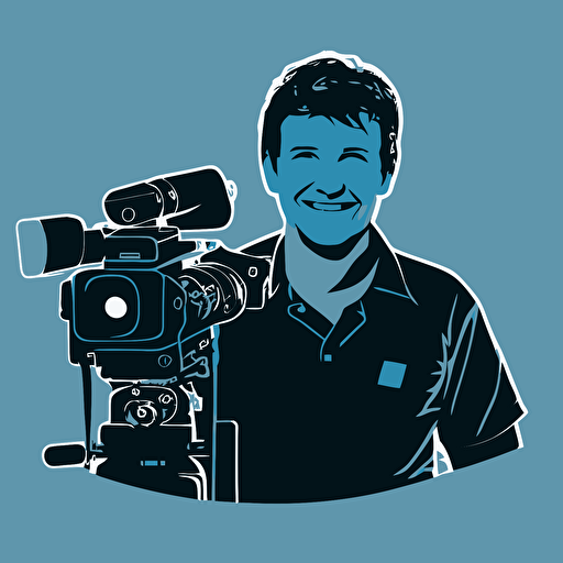silhoette of professional filmmaker, facing camera, arms crossed, smiling, sleeves rolled up, blue color, gray background, simple design, vector style, white outline over silhouette