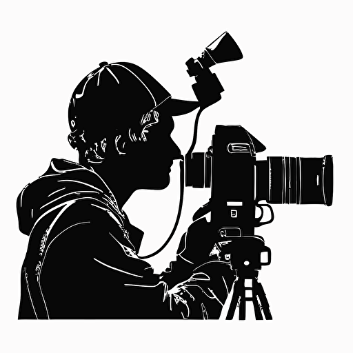 silhouetted outline of male filmmaker, line drawing, simple, white background, vector style