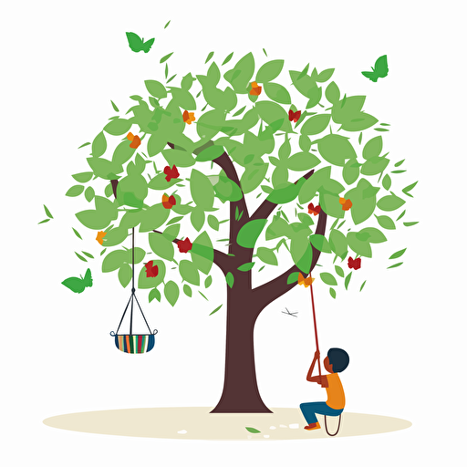 Vector tree, each leave has a different shape, 5 branches, flat design, 2d, white background, minimalistic design, a child is playing under the tree,