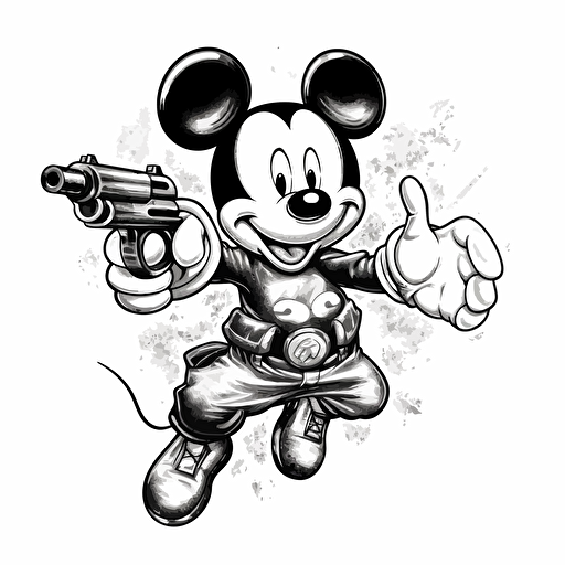 mickey mouse turned sideway dodging flying bullets vector illustration isolated on white background, logo, vector, monochromatic