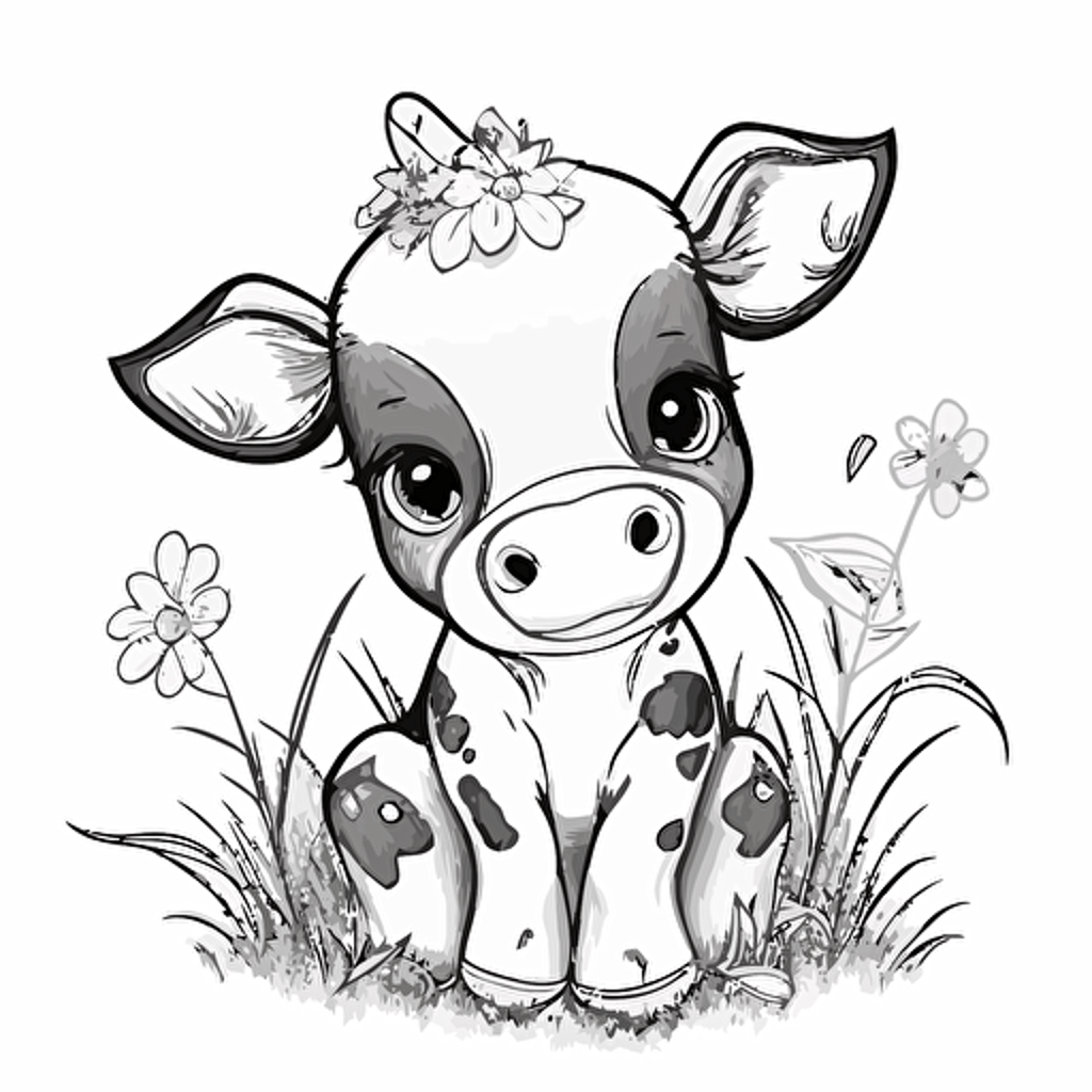 A cute baby cow, vector, black and white, coloring page, disney on selfie