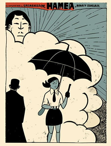 Ben Shahn, American art comic book inner paper style. There are an Asian young climate activist, a delivery rider, a female human rights activist, and a worker, and they imagine a "hammer" together on a big stage, hammer illust in a thought cloud, non-letter illustration. white background, vector imagination