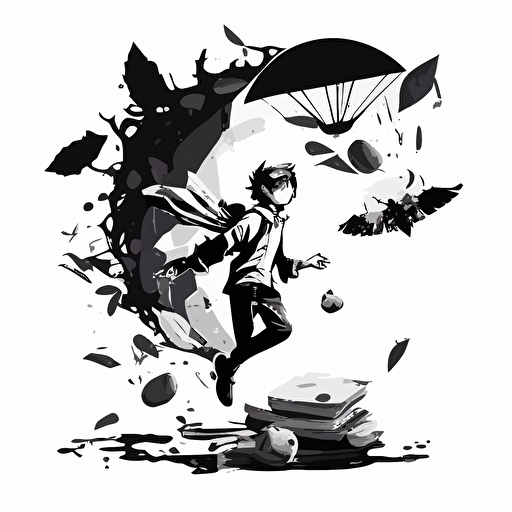 Black and White vector illustration of boy flying over broken apple vendor