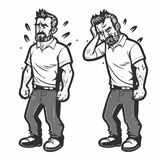 a frustrated 40-year-old man, full-body, black and white vector twitch emote style