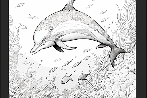 line illustration, vector art, coloring page, dolphin swimming over a coral field