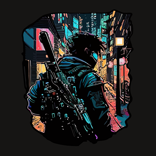 Gunfight streets of tokyo midnight,Sticker , Intense, Dark and light colours, Digital Art, Contour, Vector, Detailed