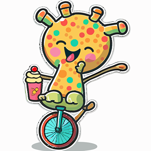 sticker, happy giraffe riding a unicycle, colorful, kawaii, vector, contour, white background