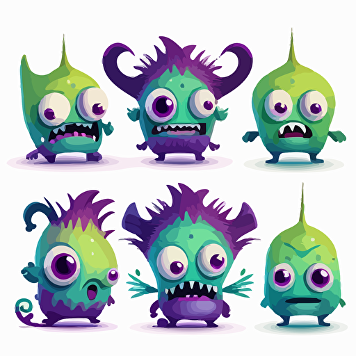 Cute green and purple monster, vector style, multiple poses and expressions, white background