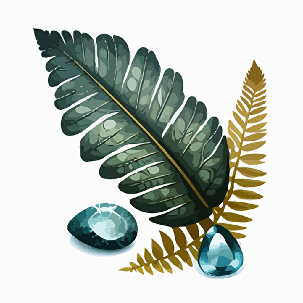 a simple vector image of a gemstone surrounded by a fern leaf and a feather