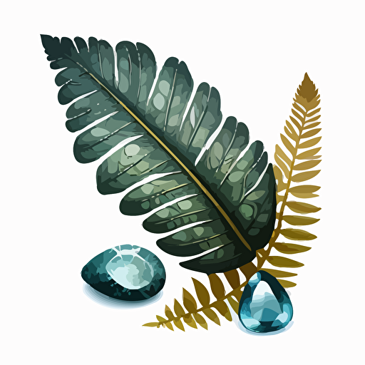 a simple vector image of a gemstone surrounded by a fern leaf and a feather