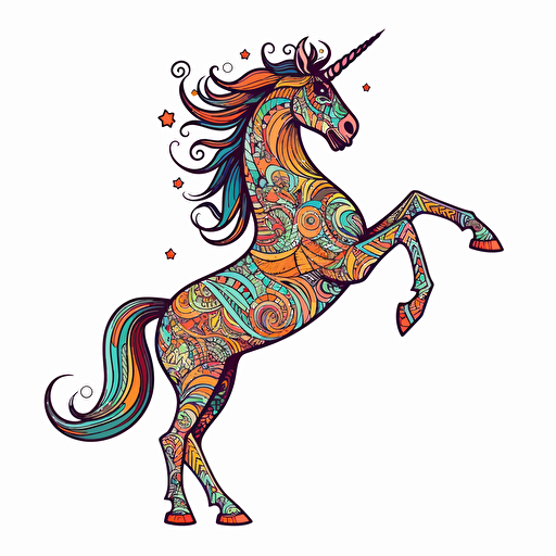 unicorn rearing up on its hind legs, Sticker, Joyful, Tertiary Color, Art brut style, Contour, Vector, White Background, Detailed