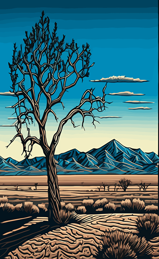 in a painting of a tree in desert landscape, you can see mountains, and landscape in the background, in the style of dan mumford, simplistic vector art, guatemalan art, ivan fedorovich choultse, fine art, super detailed