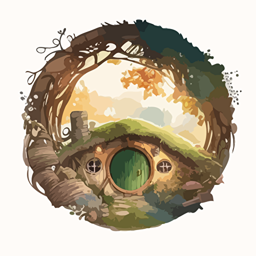 vector illustration by studio ghibli, the shire, hobbit home porch, amazing views, watercolor style