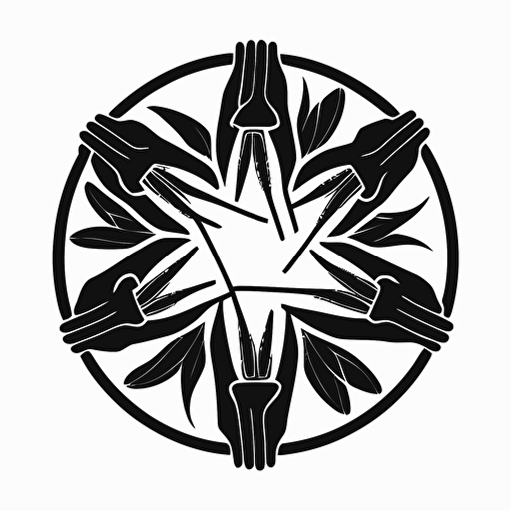 flat vector logo black outline, 6 hands joined in a circle, symbolizing community togetherness.