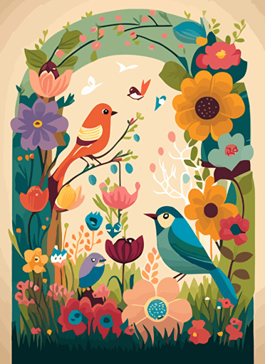 paint a whimsical garden scene filled with flowers, butterflies, and birds, vector style