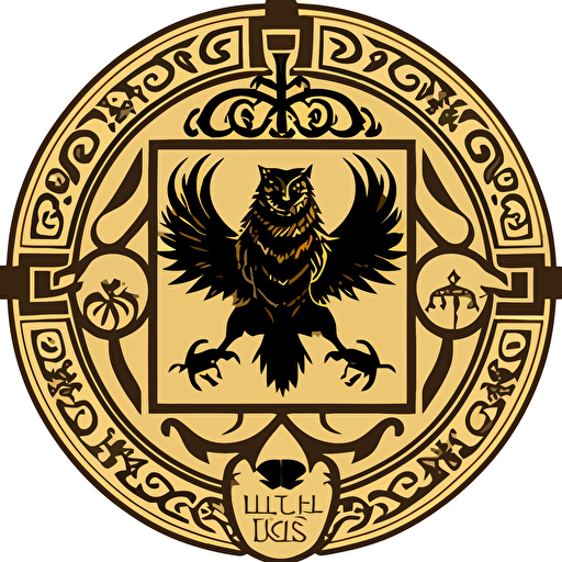 a vector type image of a square with a circle in the center. In each corner of the square is a spandrel. In each spandrel there is an intricate gold image representing a Hogwarts House. The upper left spandrel has the silhouette of a lion. The upper right spandrel has a silhouette of an eagle. The bottom left spandrel has the silhouette of a snake. The bottom right spandrel has a silhouette of a badger. There is nothing within the circle.