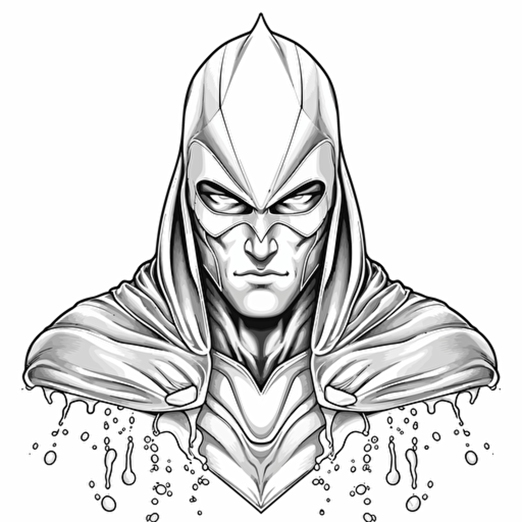 a water drop superhero bust, minimalism concept art, vector draw, black and white, coloring page, outline only, intricate details, powefull, inspiring