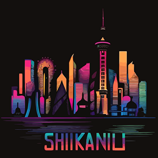 shanghai skyline, stylistic vibrant neon colors, noir edge, vector image