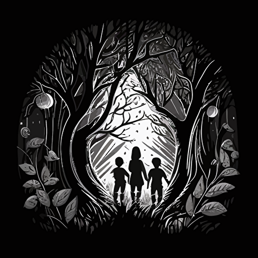 two boys and one girl emerging from the forest looking at another boy near a tree. Black and White vector illustration. Cheerful image with magical fruit around