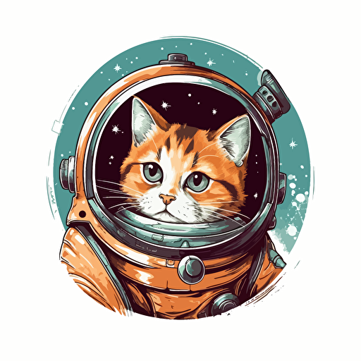 vector drawing of a rocketship with a cat in a space suit peeking out the window on a white background
