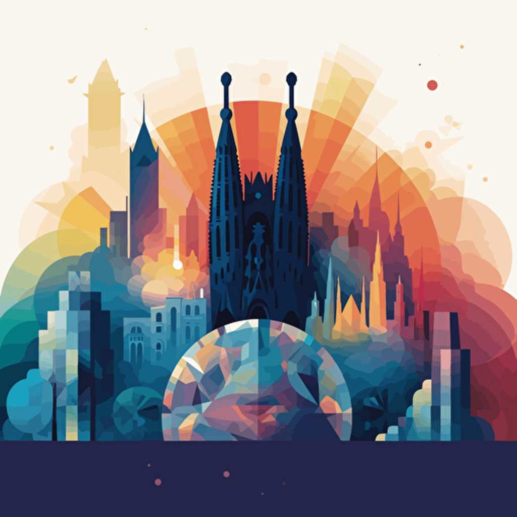 generation of an illustration for the cover of a book showing the city of Barcelona, with the Sagrada Familia, the Christ the Redeemer of Rio de Janeiro in the background, half of the illustration with light colours and the other half with dark colours, vectorial design style