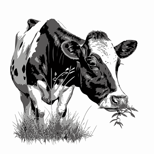 close up of cow chewing grass in style of charles williams, black and white, flat, vector, line drawling, white background ar 1:1