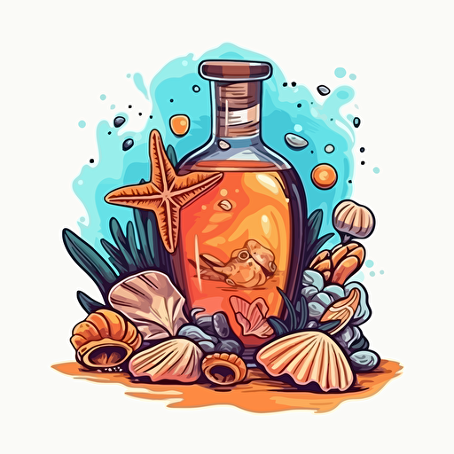 an open bottle of rum with shells and corals, cartoon, vector style