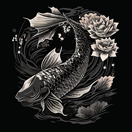 A japanese Mon featuring a koi fish, crisp, vector, black and white, samurai