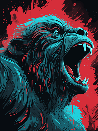 vector art of a gorilla roaring, red, white and turquoise lighting, 300 dpi,