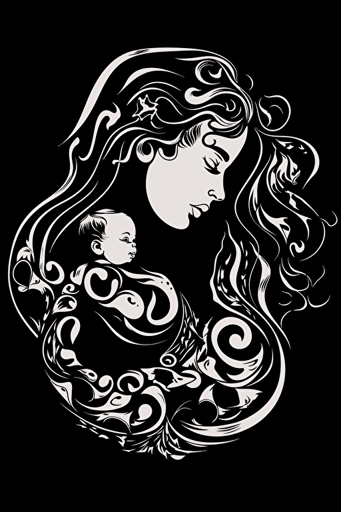 the personification of undying love of a stunning mother for her baby, intense black and white vector logo