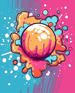 Create a digital art piece that showcases a bubble gum pop and explosion. The artwork should capture the dynamic motion of the bubble gum bursting, with splatters of vivid colors spreading outwards, giving it a playful and energetic vibe. Retro aesthetics, vector image, sticker design. Incorporate the following Pantone color scheme to give it a vibrant and eye-catching look: 12-1706 TCX, 12-0824 TCX, 15-0146 TCX, 15-1164 TCX, 16-6340 TCX, 17-4247 TCX, 18-2043 TCX, 19-6026 TCX.