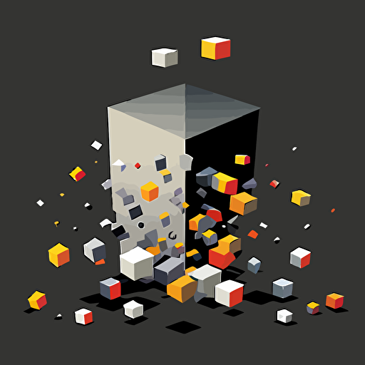 vector art minimal, cudes that makes up a funnel, gray and black colors on the exterior print layer , delicacy, with smaler cube being released from the bottom of the fullen, interlayer of 1/2 size small muilti-colored cubes inside falling out of the cube, with different shades, black background, only cudes
