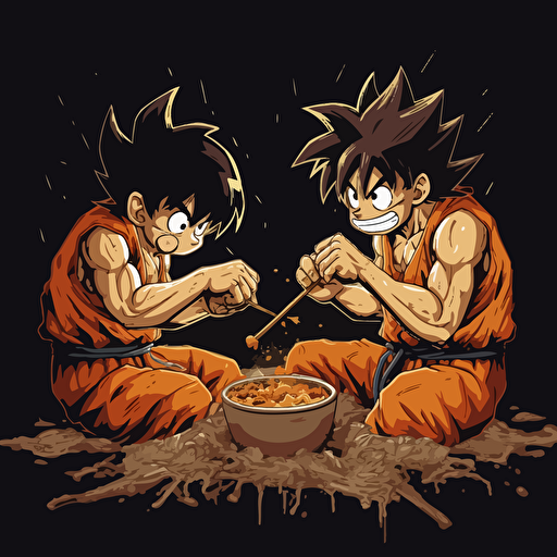 Goku vs Monkey D. Luffy ramen eating contest. Vector image. Drawing. High detailed. Black background.