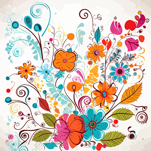 adorable brightly colored floral design on a white background + doodle style + white background + simple vector + bright colors