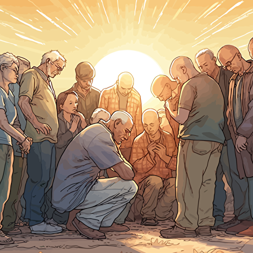 *WIDE ANGLE shot. A warm sunny summer day nearing sunset as background, Vector art, softly colored. a small group of elderly modern day Christians have gathered casually to pray with a old bald guy in the middle. They are huddled together praying with heads bowed and holding each other's hands facing the horizon. angel spirit hovers above them.