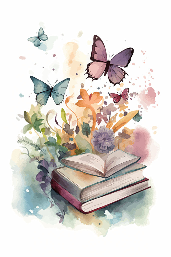 watercolor vector art, pastel colors, bright, abstract, pretty books, joyful, butterflies, flowers, plants,