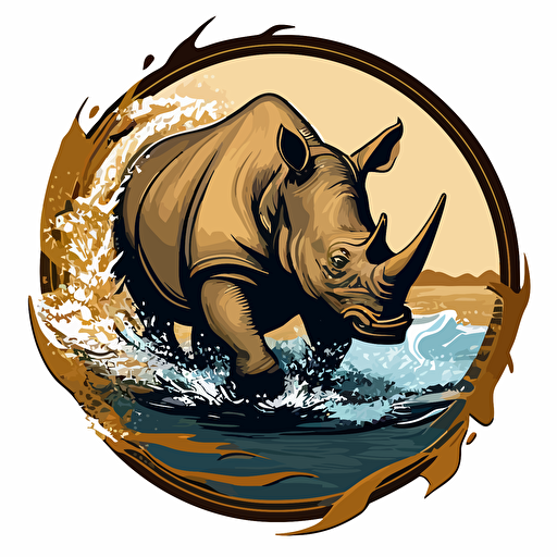 a stylize circle logo of a bulletproof rhino crossing a river. 2d vector art.
