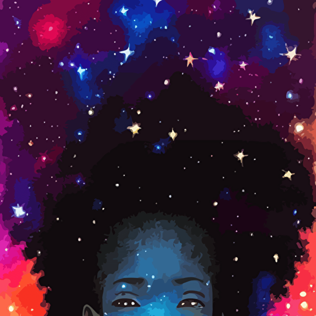  young black girl nebula afro standing tree galaxy stars trending pixiv fanbox painted makoto shinkai takashi takeuchi studio ghibli akihiko yoshida yoshitaka amano wangechi mutu clean cel shaded vector art illustration hd 8 k