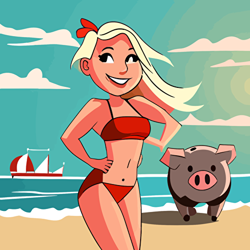 pig, female, baywatch, blonde hair, fun, playful, cartoon, super cute, beach, 2d, vector, flat