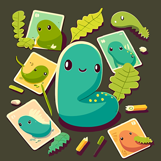 Flat vector art mockups for a card game about cute slugs